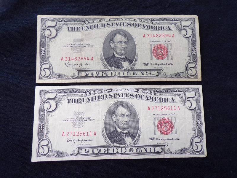 lot 3185 image: 2 - $5.00 United States Notes 1963