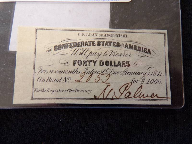 lot 3186 image: Authentic Confederate War Bond Note 1871 - $40.00