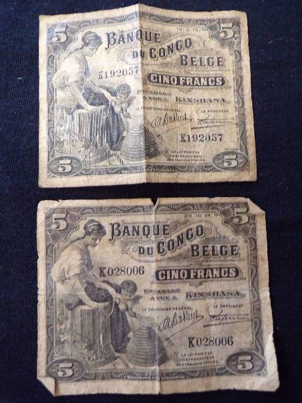 lot 3207 image: 2 - 5 Francs Bank Van Belgisch Congo (26-10-14, 9-3-19) not sure if these are dates or not