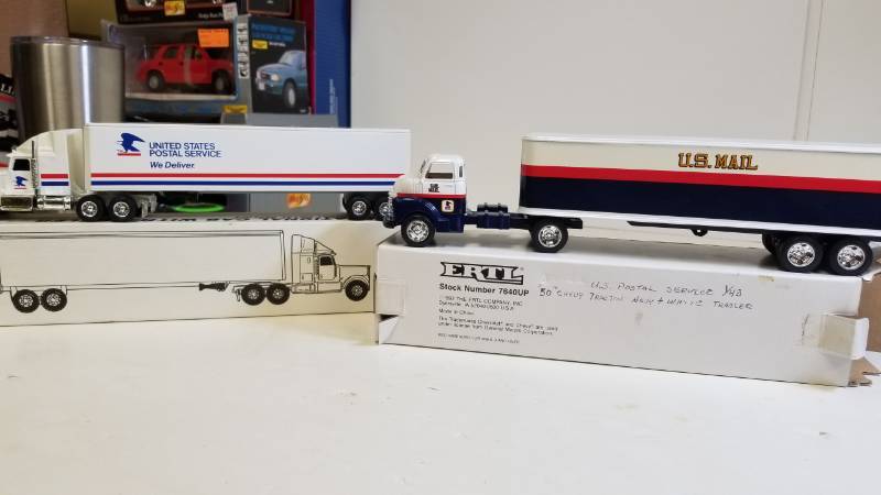 lot 3236 image: 2 ERTL Semi , 1) 50 Chevy U. S. Mail Semi, 143 scale  2) USPS Semi, 164 scale, both NIB