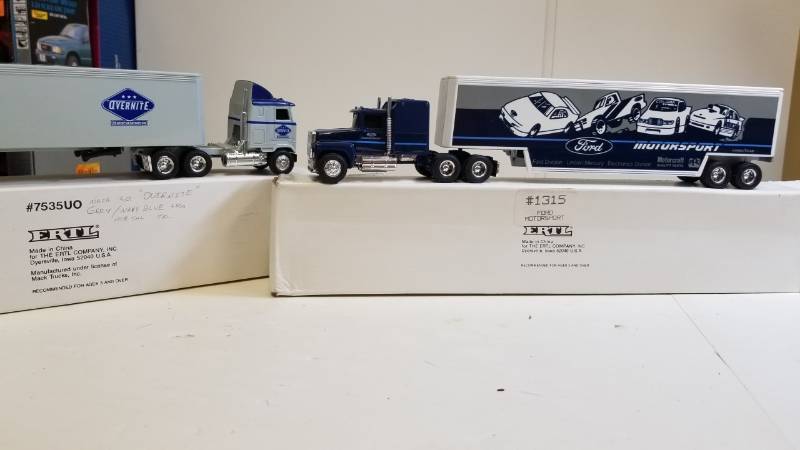 lot 3240 image: 2 ERTL Semi, both 164 scale, 1) OVERNIGHT TRANSPORT Semi  2) FORD MOTORSPORT Semi, NIB