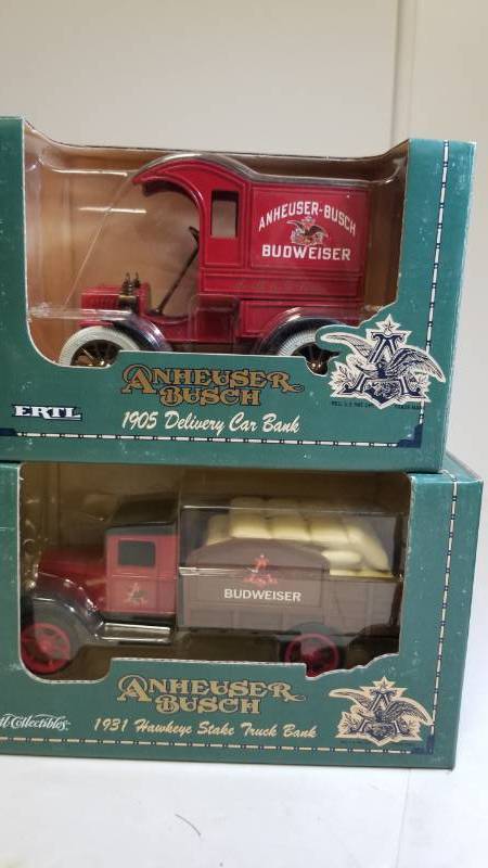 lot 3262 image: 2 Truck Banks  1931 Hawkeye Stake Truck  1905 Delivery Car Bank, 125 scale, NIB