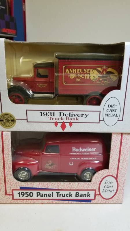 lot 3263 image: 2 Truck Banks  1950 Panel Truck  1931 Delivery Truck, 125 scale, NIB