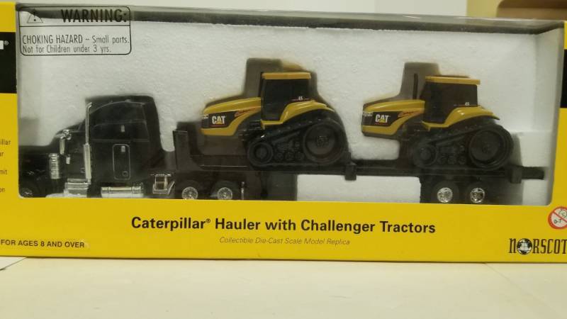 lot 1143 image: Caterpillar Hauler Semi Truck Flatbed & 45 Challenger Tractors 164 Norscot Toy