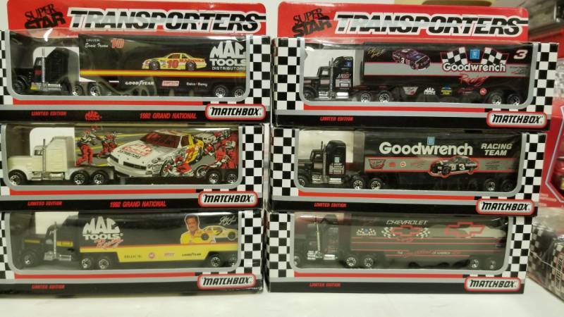 lot 1284 image: Super Star Transporters with 3 Different Dale Earnhardt transporters HO Scale
