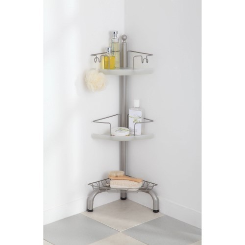 lot 3200 image: HomeZone 3-Tier Adjustable Corner Shower Caddy, Satin Nickel