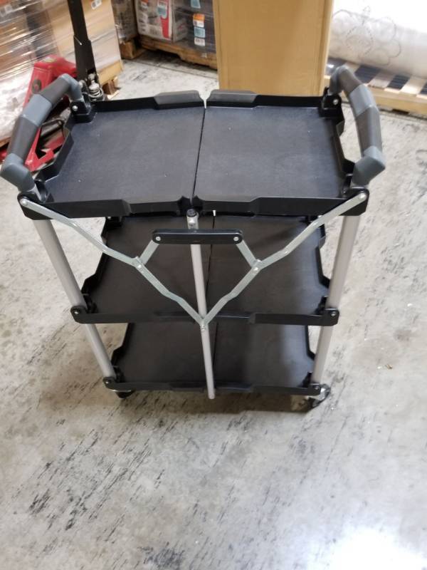 lot 3217 image: Missing One Caster Olympia Tools 85-188 3 Shelf Collapsible Service Cart -Heavy Duty -Each Shelf Supports up to 50 lbs-Foldable Design for Easy Storage and Mobile Transport