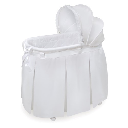 lot 8398 image: Badger Basket Wishes Oval Bassinet, Full Length Skirt, White Bedding