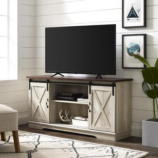 lot 8450 image: 58  Sliding Barn Door TV Console - rustic oak