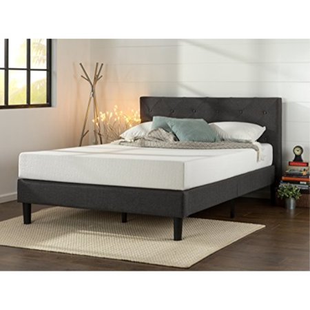 lot 8498 image: zinus upholstered diamond stitched platform bed with wooden slat support, king