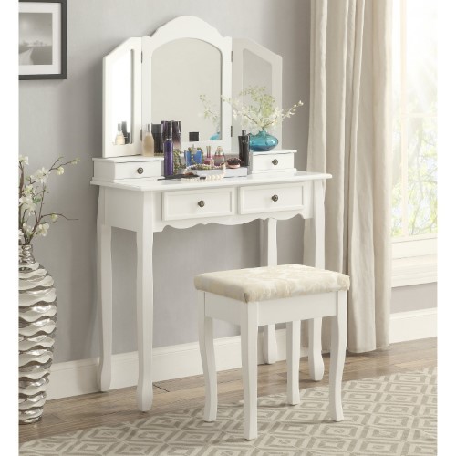 lot 8501 image: Roundhill Furniture Sanlo White Wooden Vanity, Make Up Table and Stool Set