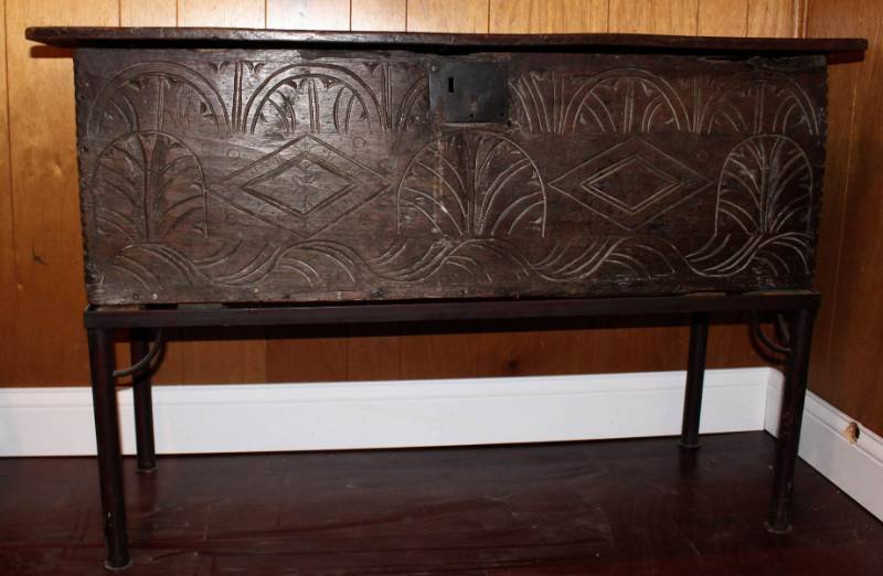 lot 7 image: Antique Carved Wood Chest on Metal Stand