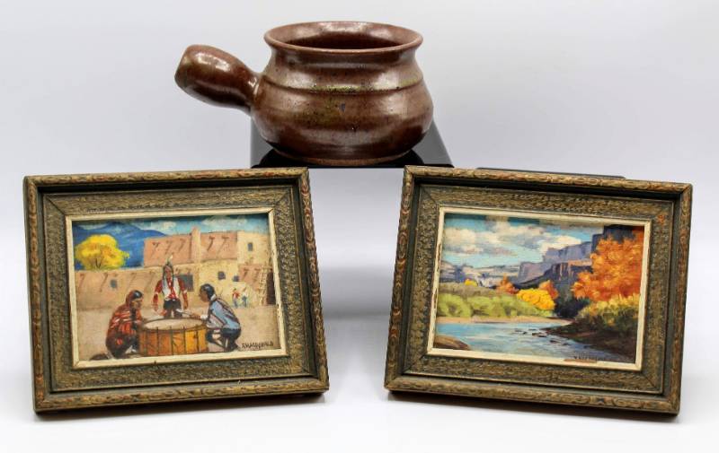 lot 37 image: F. MacDonald (2) small Paintings - signed and Baxter small pottery vessel
