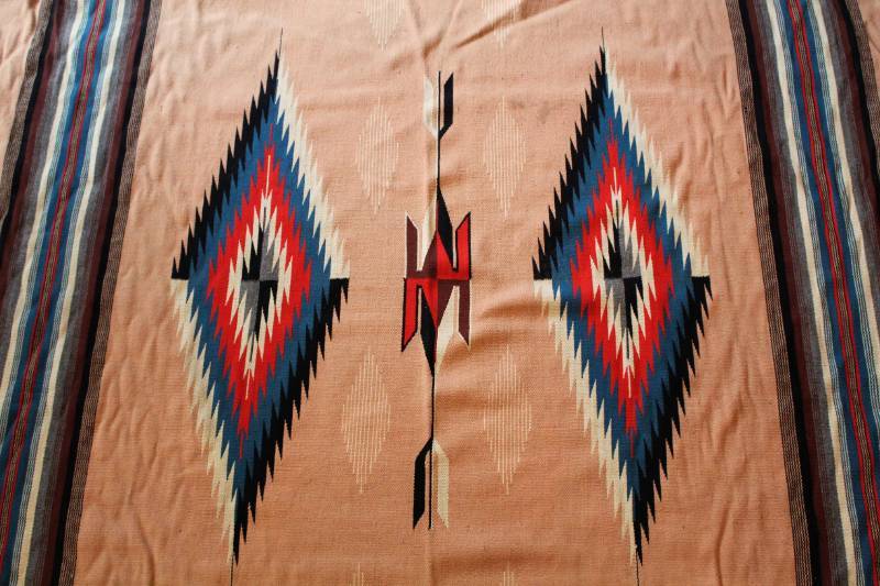 lot 50 image: Native American Rug or Blanket - Tan with red, blue, black diamond design