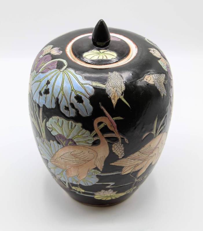 lot 1092 image: Vintage WBI Handpainted Black Floral Ginger JarVase with Lid