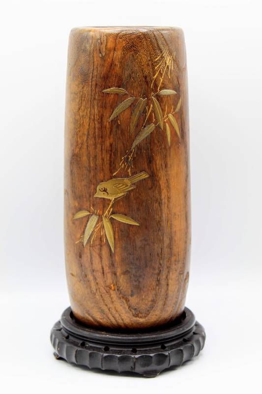 lot 1099 image: Wood Vase Brush Pot with Bronze Gold Detail