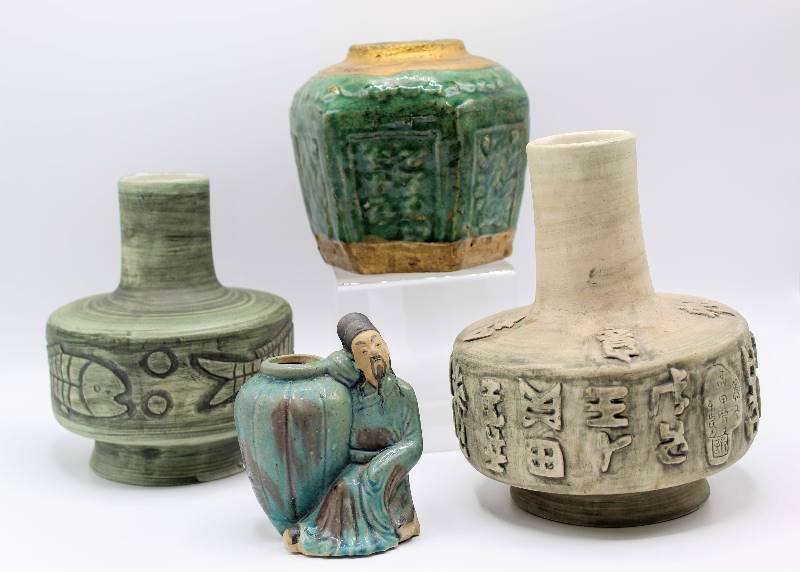 lot 1100 image: Four Asian Pieces including Qing Dynasty Wine Vessel