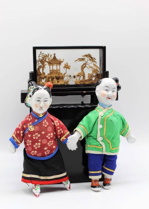 lot 1088 image: Vintage Chinese Carved Cork Diorama Scene and Two Chinese Dolls with Porcelain Heads
