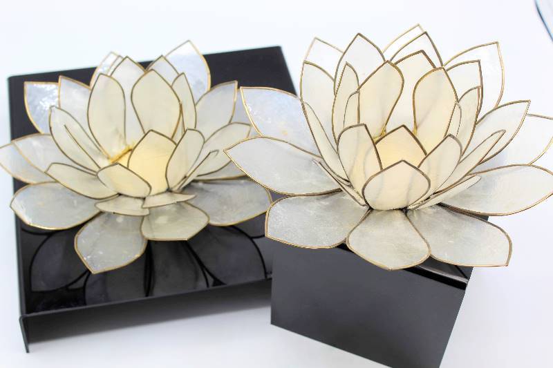 lot 1087 image: (2) Capiz Shell Lotus Flower Candle Holders
