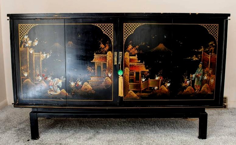 Vintage Black Lacquer Chinoiserie Tv Stereo Console Cabinet