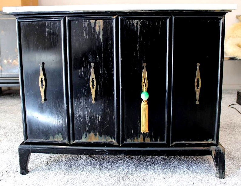 lot 1051 image: Vintage Asian Black Lacquer Cabinet with Marble Top and Brass Handles