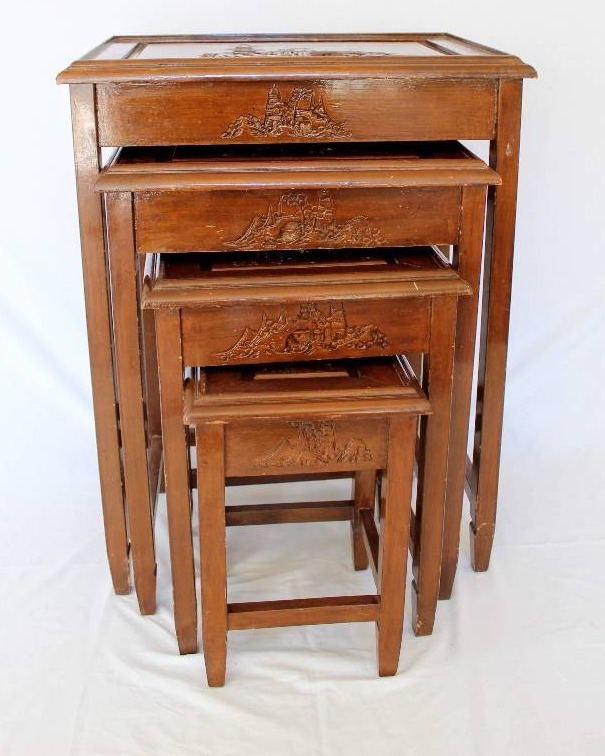 lot 1053 image: Four Vintage Wood Carved Nesting Tables