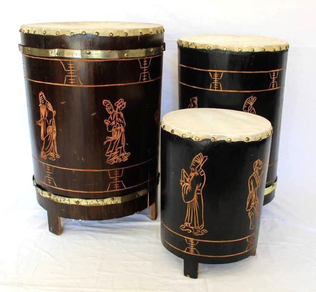 lot 1054 image: Three Nesting Asian Wood Carved Drums
