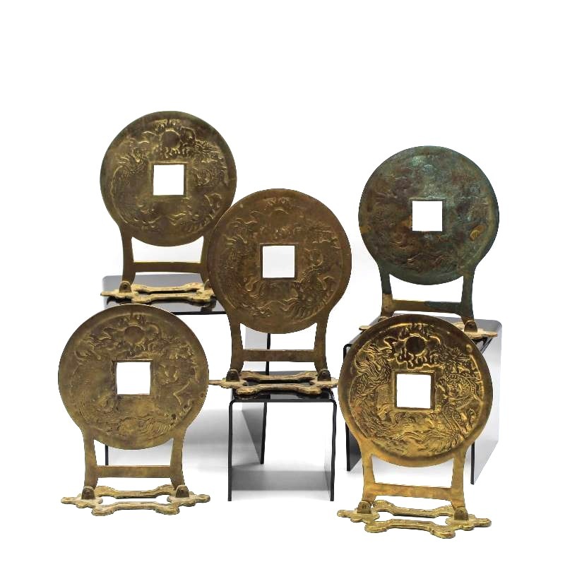 lot 1063 image: Five Brass Chinese I Ching Double Dragon Coin Statues