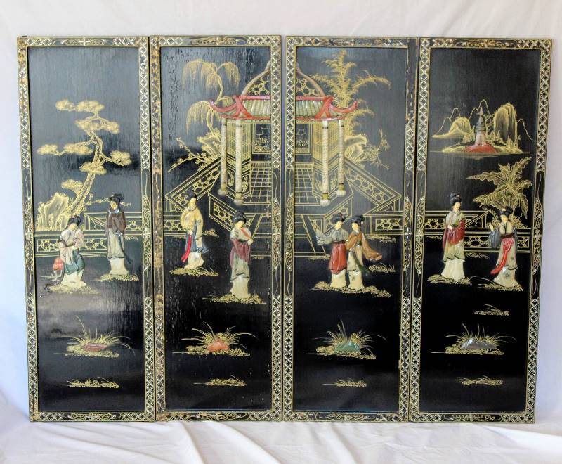 lot 1126 image: Chinese Geishas in the Garden - 4 Lacquer Wall Panels