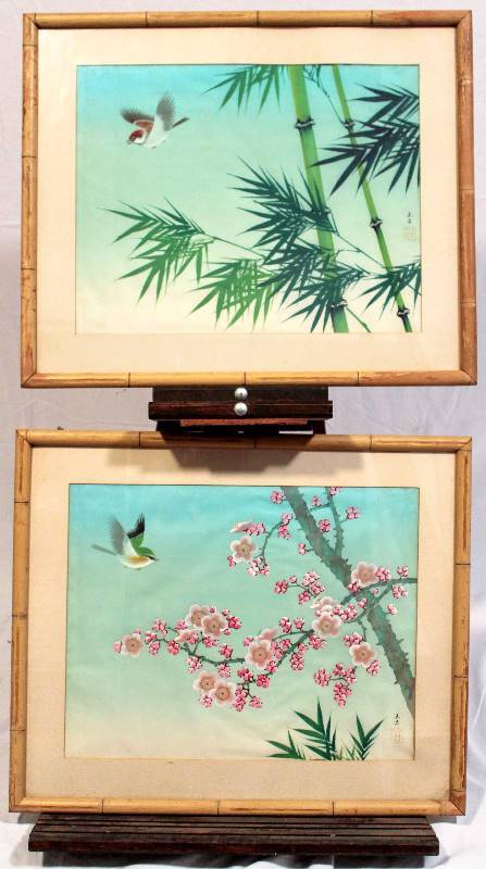 lot 1135 image: Small Bird and Bamboo with Cherry Blossoms - Set of Two