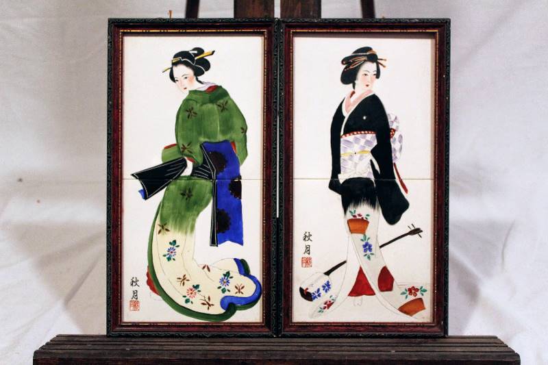 lot 1137 image: Set of Two Vintage Hand-Painted Ceramic Tile Geisha Portraits
