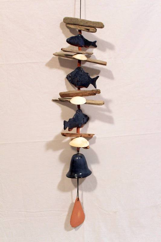 lot 1070 image: Thora - Wind Chime with Ceramic Fish, Driftwood and Seashells - Signed