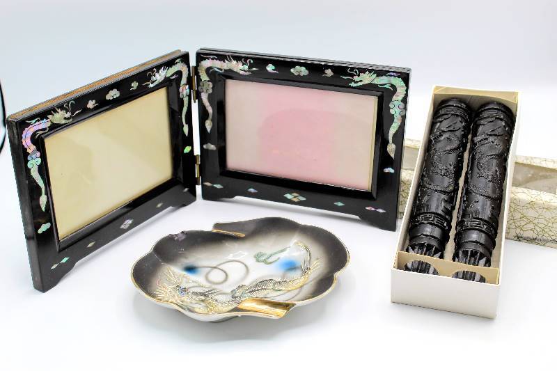 lot 1108 image: Black Laquer Chinese Dragon Picture Frame, Chinese Dragon Candles, Asian Majolica Dragon Painted Dish Decorated Moriage