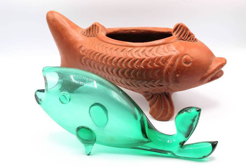 lot 1113 image: Terracotta Koi Fish Planter and Green Glass KOI Fish