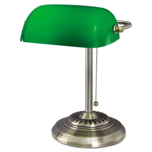 lot 7641 image: Alera Traditional Bankers Lamp, Green Glass Shade, Antique Brass Base, 14H