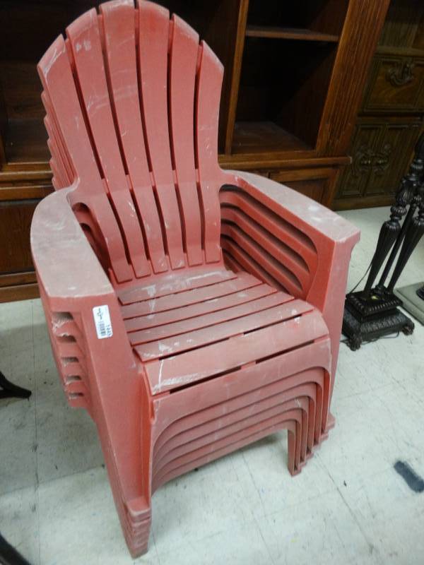 lot 1445 image: 6 Red Plastic Patio Chairs