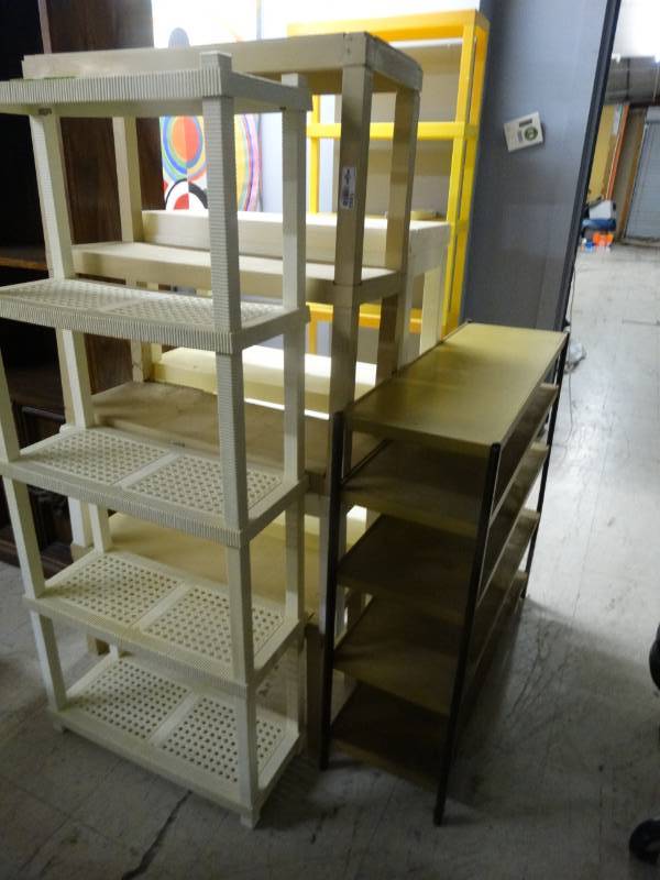 lot 1450 image: 3 plastic shelf units & 1 metal shelf unit