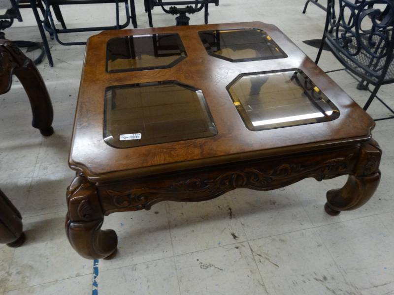 lot 1454 image: Beautiful dark carved wood coffee table w beveled glass tops- Matches end tables