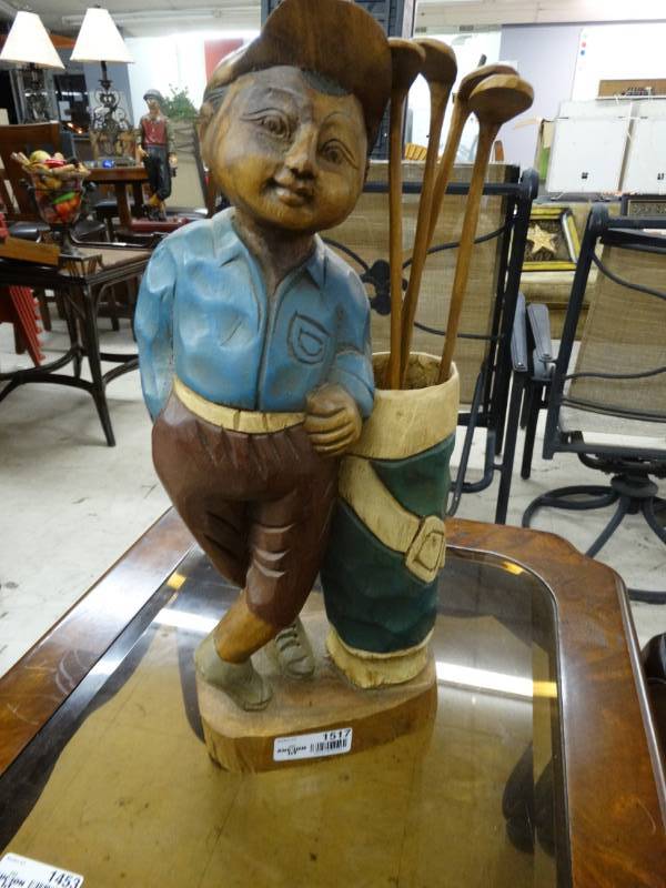lot 1517 image: Hand carved Golfer statue w clubs- 21 tall- VERY Unique