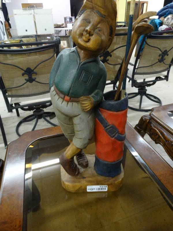 lot 1518 image: Hand carved Golfer statue w clubs- 21 tall- VERY Unique