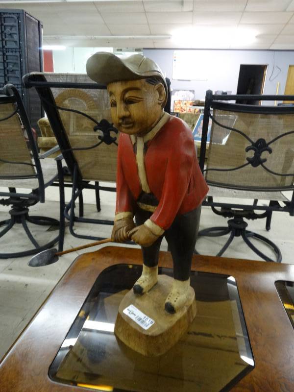 lot 1519 image: Hand carved Golfer statue w clubs- 21 tall- VERY Unique