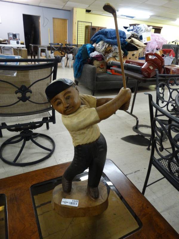lot 1520 image: Hand carved Golfer statue w clubs- 21 tall- VERY Unique
