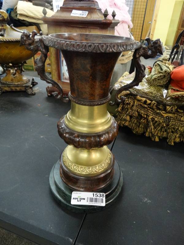 lot 1538 image: AWESOME Bronze Dragon handle URN on marble base- 12 tall
