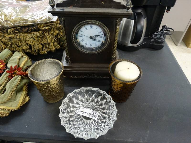 lot 1540 image: Table clock & 2 candle holders