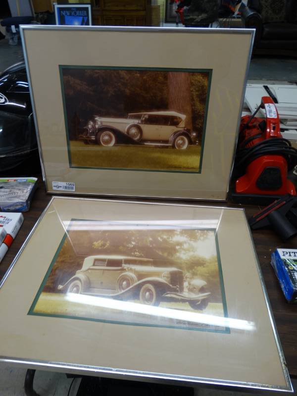 lot 1569 image: Framed 1929 Duesenberg Phaeton & Framed 1933 Auburn Sedan art sihned William Planter