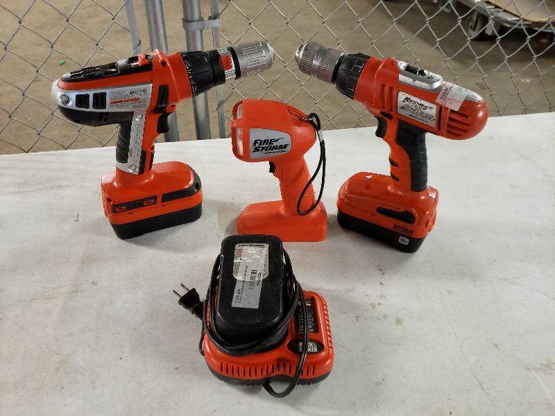 lot 1395 image: Black and Decker Fire Storm 2 Drills, Charger, Flashlight, 3 Batteries