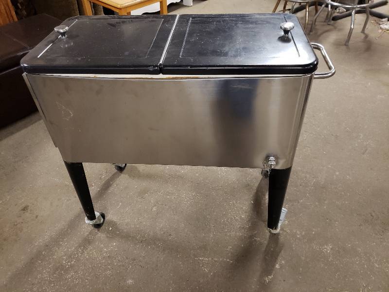 lot 1470 image: Pretty Cool Rolling Stainless Steel Cooler with Double Open Lid