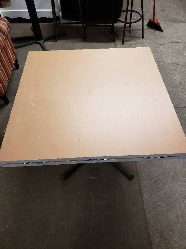 lot 1494 image: Nice Square table with 4 drop leafs that turn it into a round table and 8 Chairs.