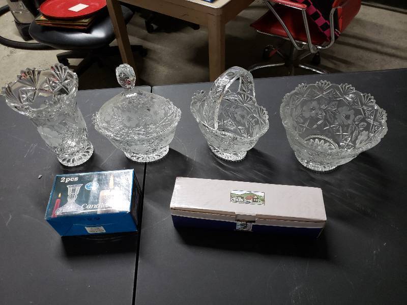 lot 9362 image: Lead Crystal Vase, Candy Dish, Covered Dish and More