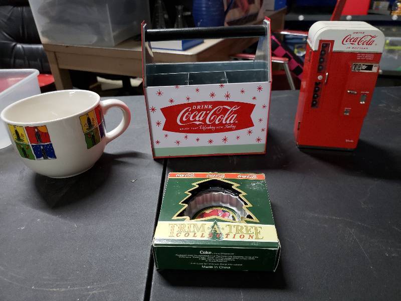 lot 9370 image: Coca Cola Die Cast Metal Bank, Bottle Holder, Coffee Cup and More
